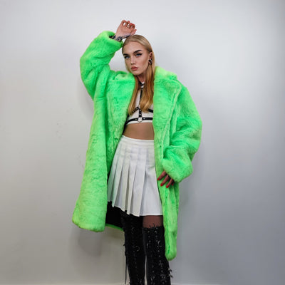 Neon faux fur longline coat shaggy trench bright raver bomber fluffy winter fleece festival jacket burning man coat in green