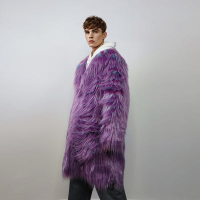 Shaggy faux fur longline coat neon trench bright raver bomber fluffy winter fleece luminous festival jacket burning man coat in purple