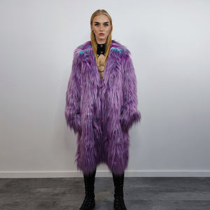 Shaggy faux fur longline coat neon trench bright raver bomber fluffy winter fleece luminous festival jacket burning man coat in purple