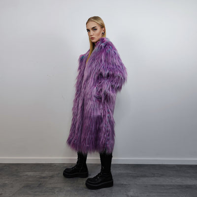 Shaggy faux fur longline coat neon trench bright raver bomber fluffy winter fleece luminous festival jacket burning man coat in purple