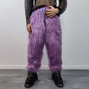 Shaggy faux fur joggers winter raver neon pants fluffy skiing trousers mountain fleece overalls festival bottoms burning man pants in purple