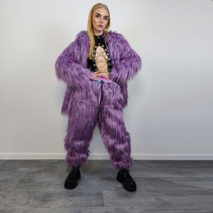 Shaggy faux fur joggers winter raver neon pants fluffy skiing trousers mountain fleece overalls festival bottoms burning man pants in purple