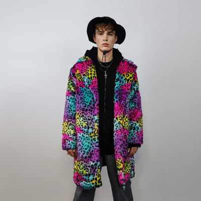 Tie-dye Faux fur leopard coat rainbow long trench marshmallow raver jacket fluffy cheetah fleece festival bomber burning man coat pink blue