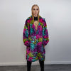 Tie-dye Faux fur leopard coat rainbow long trench marshmallow raver jacket fluffy cheetah fleece festival bomber burning man coat pink blue