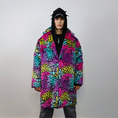 Tie-dye Faux fur leopard coat rainbow long trench marshmallow raver jacket fluffy cheetah fleece festival bomber burning man coat pink blue