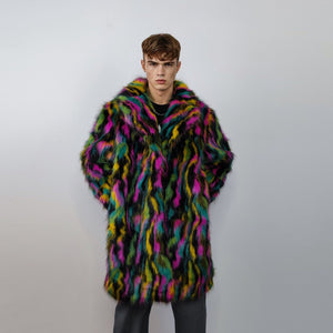 Faux fur long striped neon coat zebra trench raver bomber fluffy tie-dye winter fleece festival jacket burning man going out coat black pink