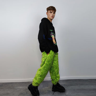 Shaggy faux fur joggers raver neon pants fluffy skiing trousers mountain fleece overalls festival bottoms burning man fuzzy pants in green