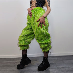 Shaggy faux fur joggers raver neon pants fluffy skiing trousers mountain fleece overalls festival bottoms burning man fuzzy pants in green