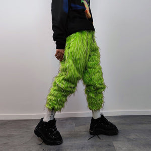 Shaggy faux fur joggers raver neon pants fluffy skiing trousers mountain fleece overalls festival bottoms burning man fuzzy pants in green