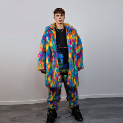 Faux fur long psychedelic coat 70s trench neon raver bomber fluffy tie-dye fleece disco festival jacket burning man going out coat blue pink