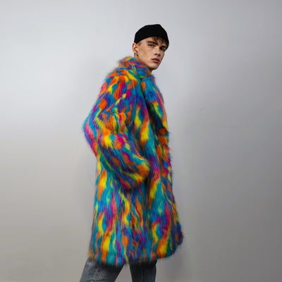 Faux fur long psychedelic coat 70s trench neon raver bomber fluffy tie-dye fleece disco festival jacket burning man going out coat blue pink