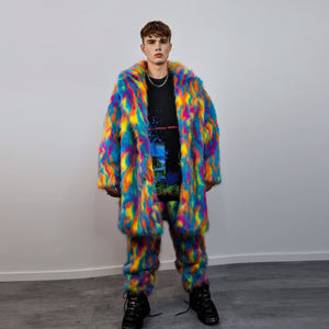 Disco faux fur joggers 70s raver pants fluffy psychedelic trousers ski fleece tie-dye overalls festival bottoms burning man pants blue pink