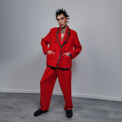 Studded gothic suit faux leather finish tuxedo catwalk costume punk wedding outfit high fashion prom coat utility jacket trousers set red