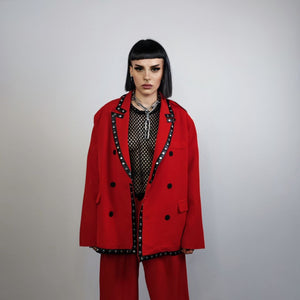 Studded gothic suit faux leather finish tuxedo catwalk costume punk wedding outfit high fashion prom coat utility jacket trousers set red