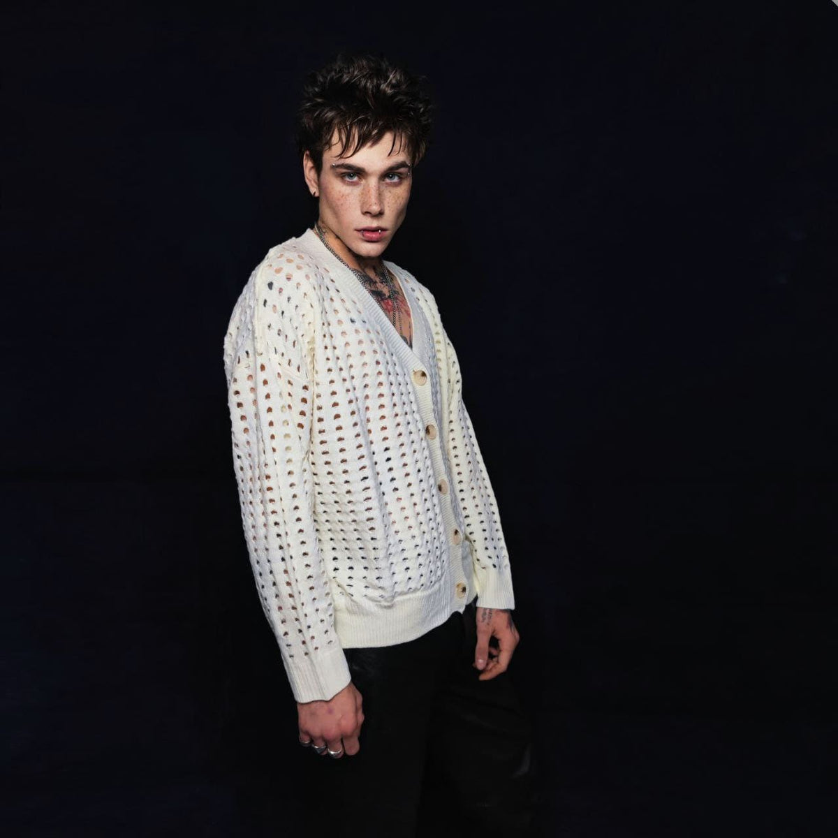 Mesh cardigan transparent sweater distressed knitted jumper textured see-through grunge top punk sweatshirt in white