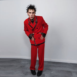 Studded gothic suit faux leather finish tuxedo catwalk costume punk wedding outfit high fashion prom coat utility jacket trousers set red