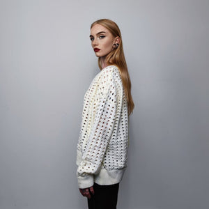 Mesh cardigan transparent sweater distressed knitted jumper textured see-through grunge top punk sweatshirt in white