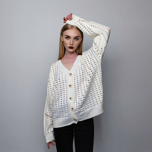 Mesh cardigan transparent sweater distressed knitted jumper textured see-through grunge top punk sweatshirt in white