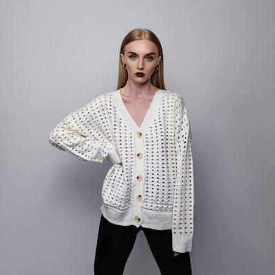 Mesh cardigan transparent sweater distressed knitted jumper textured see-through grunge top punk sweatshirt in white