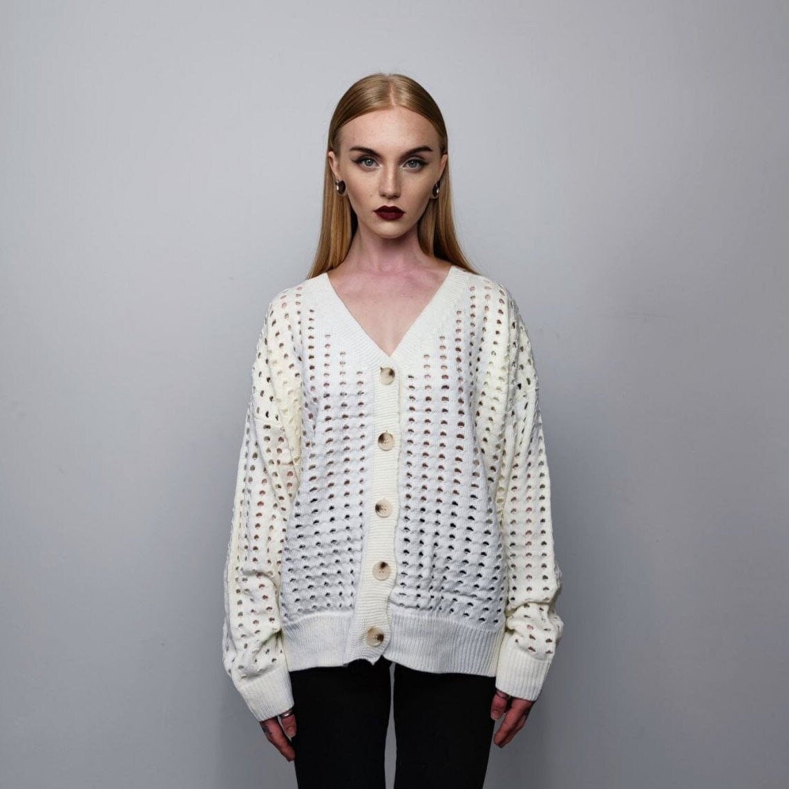 Mesh cardigan transparent sweater distressed knitted jumper textured see-through grunge top punk sweatshirt in white