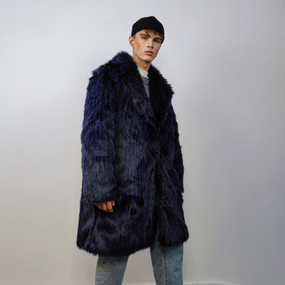 Shaggy faux fur long coat luxury fuzzy trench luminous raver bomber fluffy winter fleece long hair going out jacket burning man coat blue