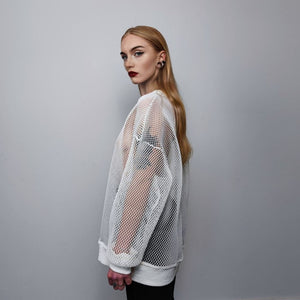 Transparent mesh top long sleeve sheer jumper net sweatshirt see-through punk jumper structured going out party t-shirt catwalk tee in white