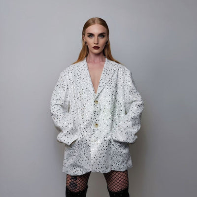 Sequin blazer formal going out embellished jacket luminous fancy dress bomber rave party coat glitter varsity coat catwalk jacket in white