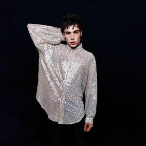 Sequin shirt glitter blouse shiny jumper long sleeve textured top embellished sweat party top button up retro festival top metallic silver