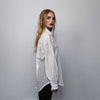 Mesh shirt long sleeve transparent top dog-tooth blouse see-through oversize gothic top sheer sweatshirt floral crotchet jumper in white