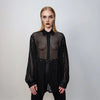 Mesh shirt long sleeve transparent top dog-tooth blouse see-through oversize gothic top sheer sweatshirt floral crotchet jumper in white