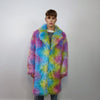 Rainbow Faux fur long coat unicorn trench neon raver bomber fluffy tie-dye fleece psychedelic festival jacket burning man going out coat