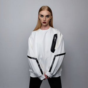 Utility sweatshirt big pocket gorpcore top thin long sleeve contrast jumper stripe finish Gothic sweater punk pullover in white