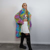 Rainbow Faux fur long coat unicorn trench neon raver bomber fluffy tie-dye fleece psychedelic festival jacket burning man going out coat