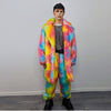 Rainbow fur long coat unicorn trench neon raver bomber fluffy tie-dye fleece psychedelic festival jacket burning man going out coat orange