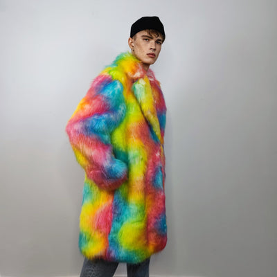 Rainbow fur long coat unicorn trench neon raver bomber fluffy tie-dye fleece psychedelic festival jacket burning man going out coat orange