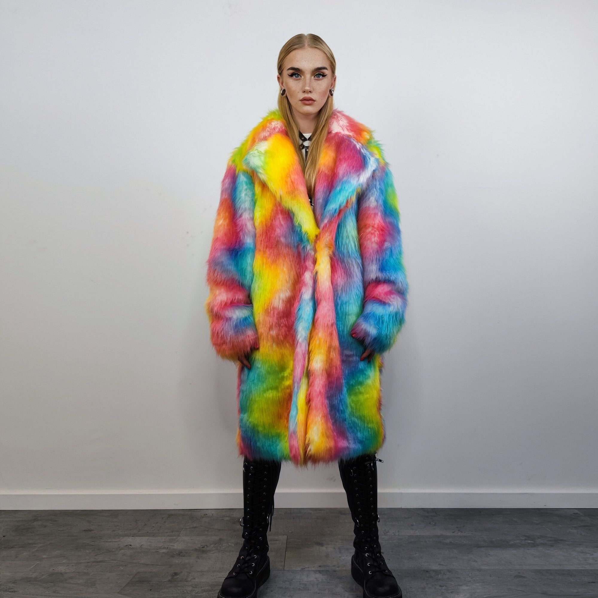 Rainbow fur long coat unicorn trench neon raver bomber fluffy tie-dye fleece psychedelic festival jacket burning man going out coat orange