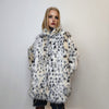 Mid length faux fur jacket fluffy spot print bomber festival leopard varsity aviator fleece coat high fashion cheetah duffle coat off white