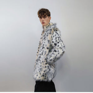 Mid length faux fur jacket fluffy spot print bomber festival leopard varsity aviator fleece coat high fashion cheetah duffle coat off white