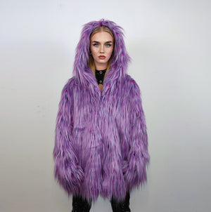 Shaggy faux fur jacket neon bomber bright raver coat fluffy puffer winter fleece luminous festival pullover burning man overcoat in purple