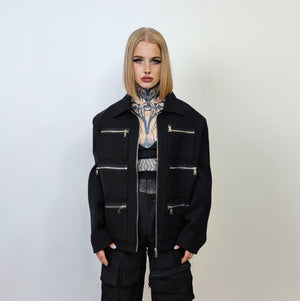 Utility jacket thin multi pocket bomber going out gorpcore coat fancy dress jacket punk varsity party jacket grunge blazer in black