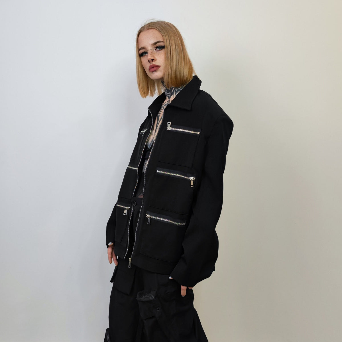 Utility jacket thin multi pocket bomber going out gorpcore coat fancy dress jacket punk varsity party jacket grunge blazer in black