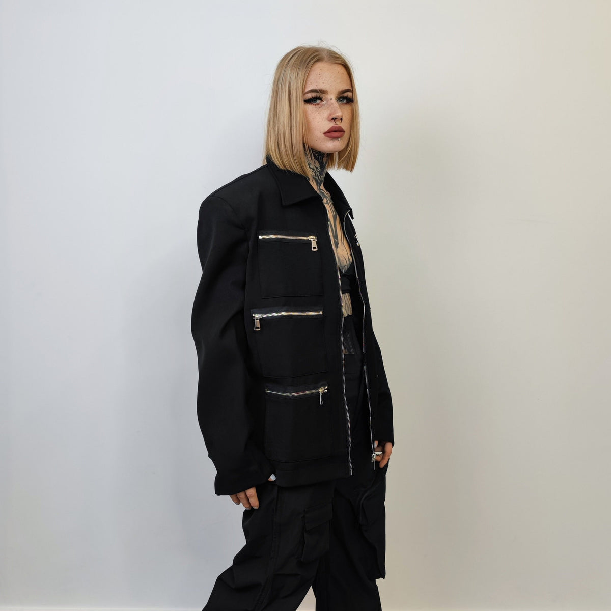 Utility jacket thin multi pocket bomber going out gorpcore coat fancy dress jacket punk varsity party jacket grunge blazer in black
