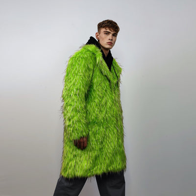 Shaggy faux fur longline coat neon trench bright raver bomber fluffy winter fleece luminous festival jacket burning man fuzzy coat in green