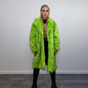 Shaggy faux fur longline coat neon trench bright raver bomber fluffy winter fleece luminous festival jacket burning man fuzzy coat in green