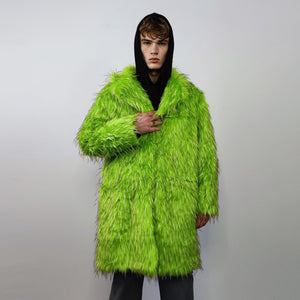 Shaggy faux fur longline coat neon trench bright raver bomber fluffy winter fleece luminous festival jacket burning man fuzzy coat in green