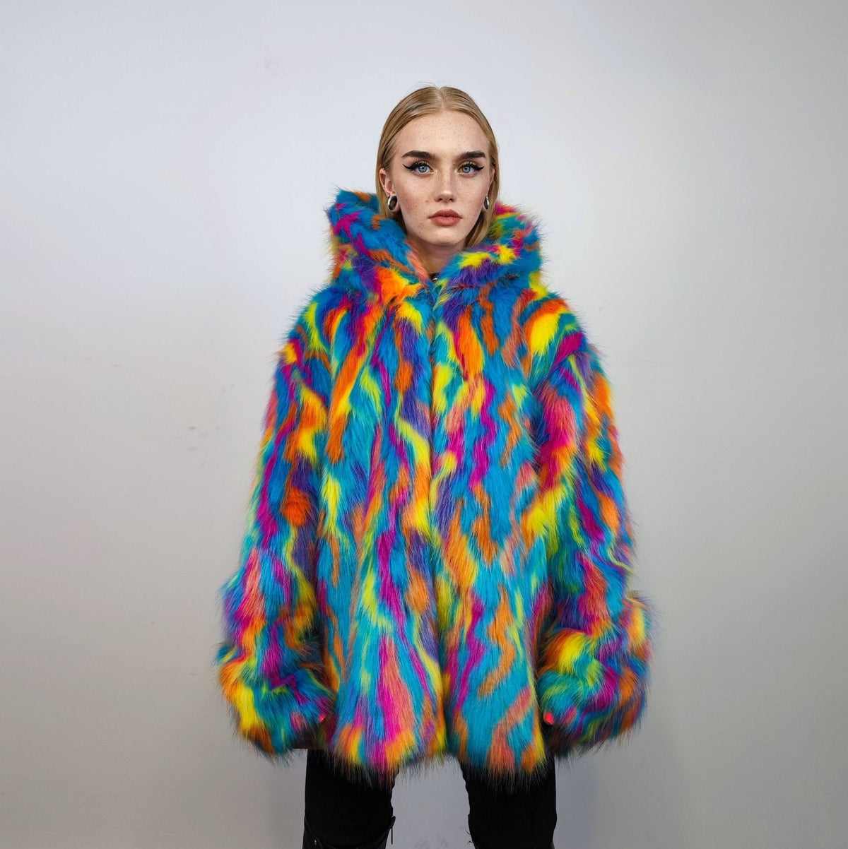 Hooded faux fur psychedelic jacket 70s bomber neon raver coat fluffy tie-dye fleece festival trench burning man going out overcoat blue pink
