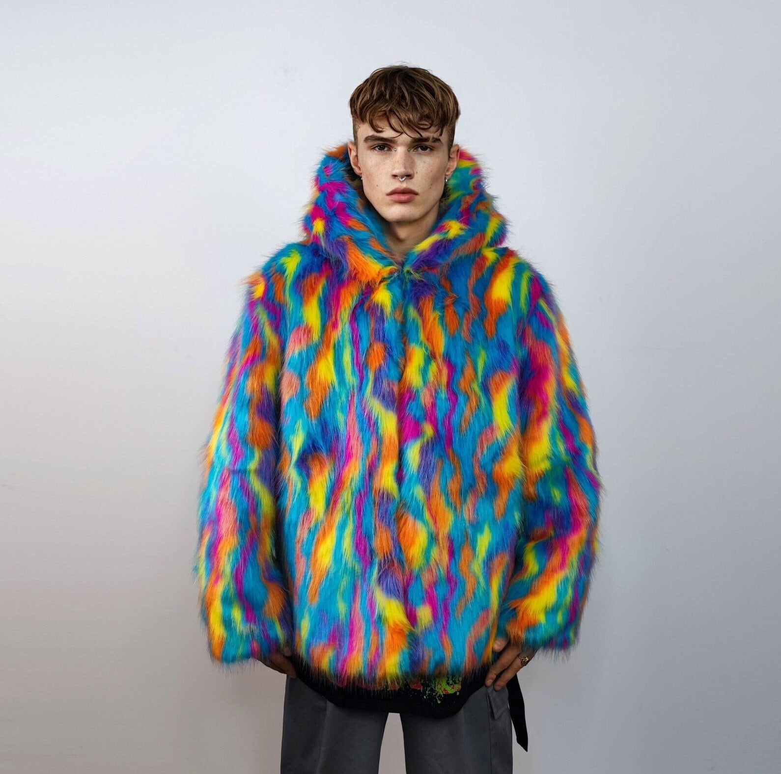 Hooded faux fur psychedelic jacket 70s bomber neon raver coat fluffy tie-dye fleece festival trench burning man going out overcoat blue pink