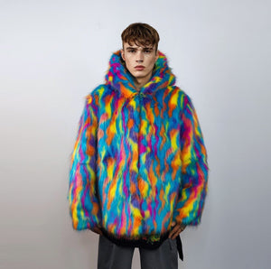 Hooded faux fur psychedelic jacket 70s bomber neon raver coat fluffy tie-dye fleece festival trench burning man going out overcoat blue pink