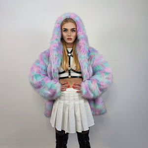 Hooded candy faux fur jacket unicorn bomber neon raver puffer fluffy tie-dye fleece psychedelic festival coat burning man party trench pink