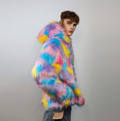 Hooded marshmallow faux fur jacket unicorn coat raver bomber fluffy tie-dye fleece rainbow festival bomber burning man going out trench pink